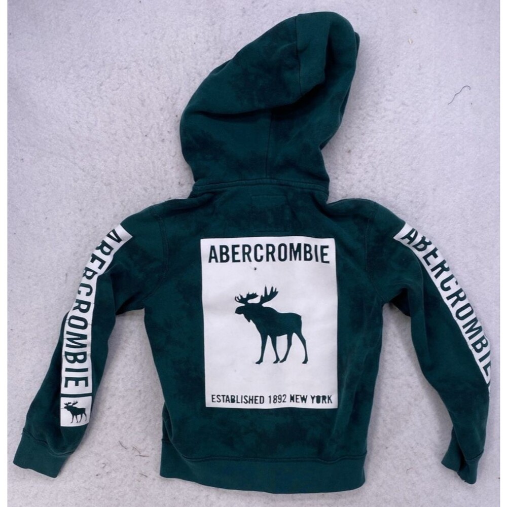 Abercrombie Kids Boy Girl Full Zip Hoodie 7/8 Teal Green Tie Dye Logo Sweatshirt